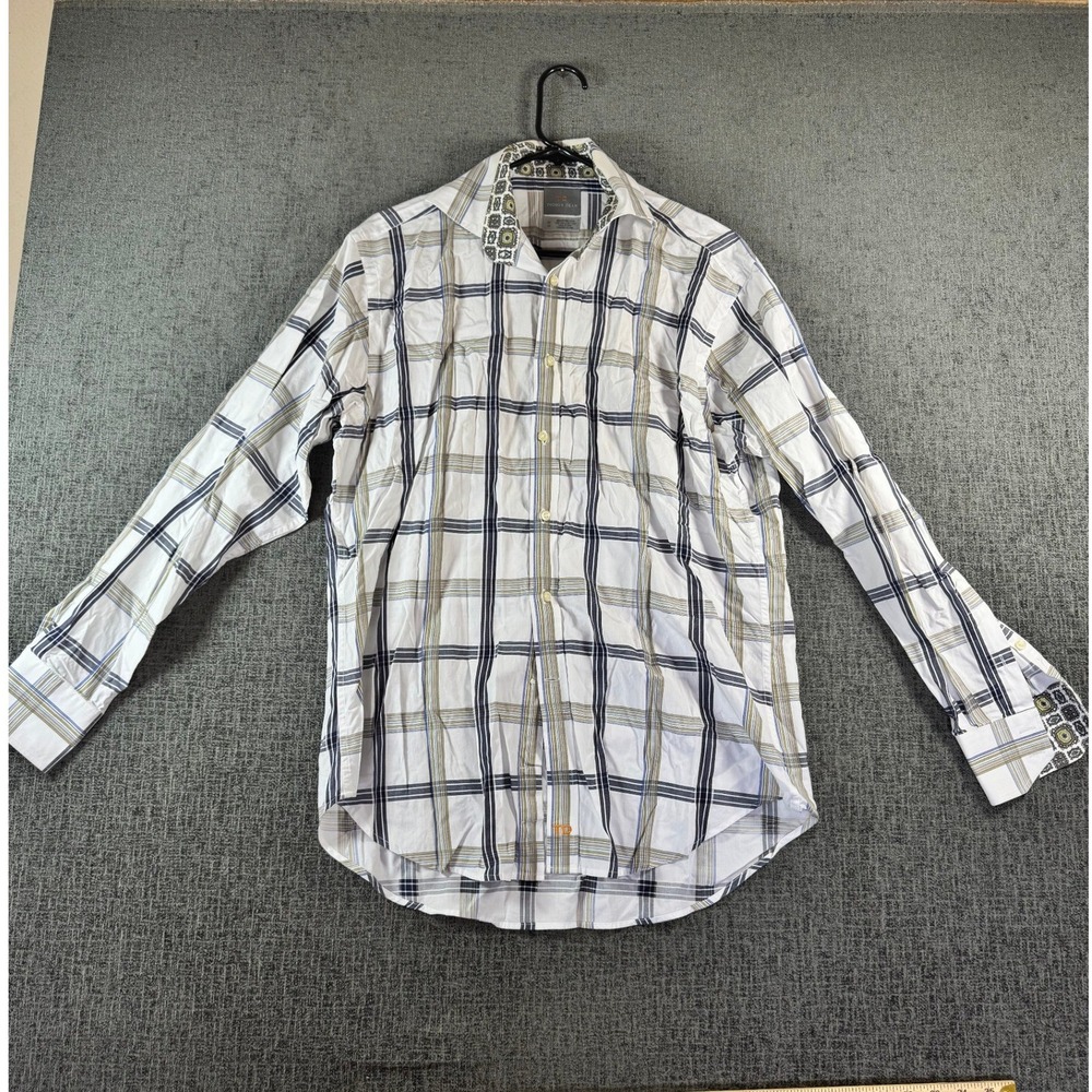 Thomas Dean Mens Medium White Plaid Long Sleeve Button Down Cotton Shirt Paisley